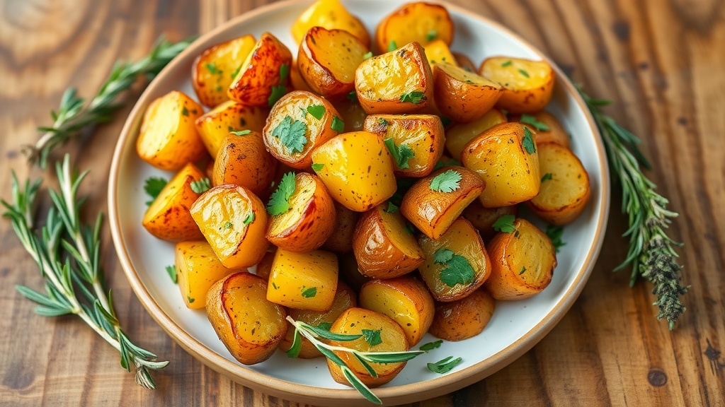 Crispy Herb Roasted Potatoes Recipe Crispy herb roasted potatoes on a rustic plate garnished with parsley and herbs.